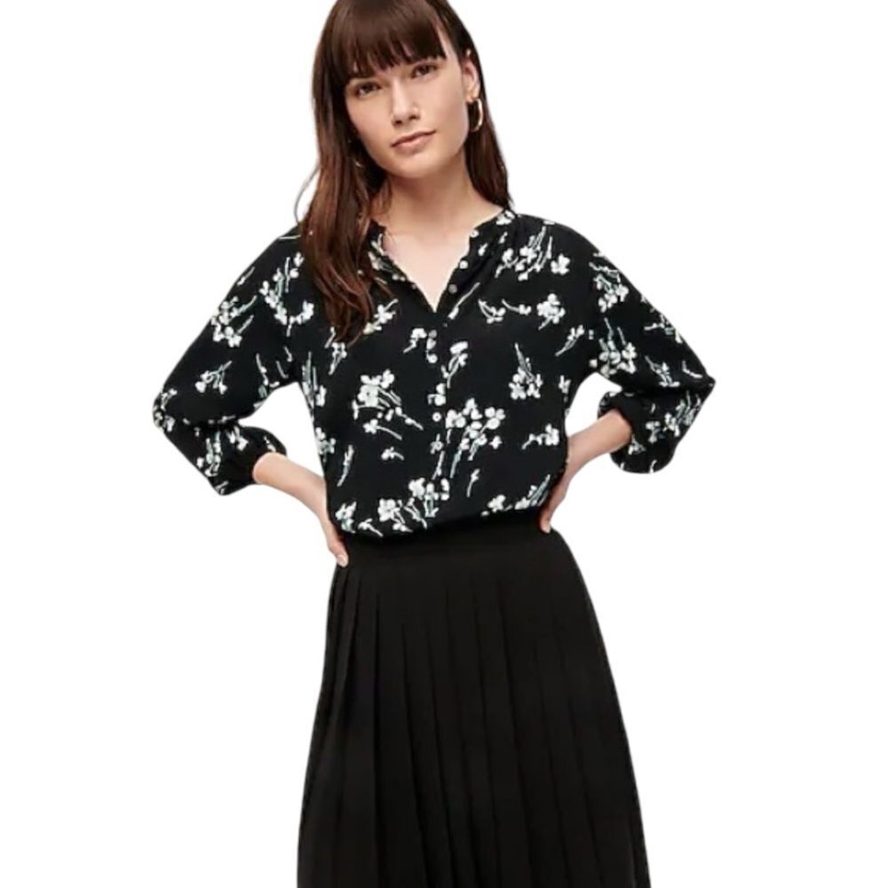 NWT J. Crew Black Floral Long-Sleeve Drapey Popover Women's Shirt Blouse size S